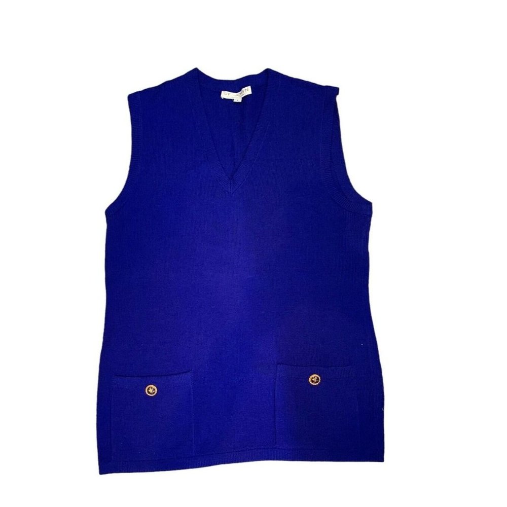 St John By Marie Gray Women's LARGE V Neck Knit Sweater Dress Royal Blue Midi